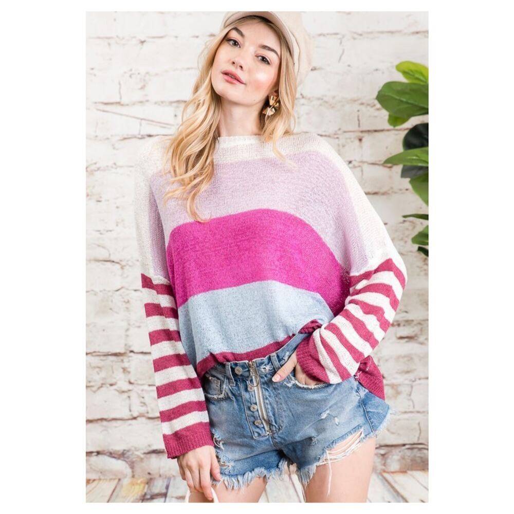Soft Boho Colorblock Striped Sweater Oversized Knit Pullover Women’s Large